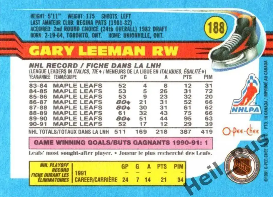 Хоккей. Карточка Gary Leeman/Гэри Лиман (Toronto Maple Leafs/Торонто) НХЛ / NHL 1