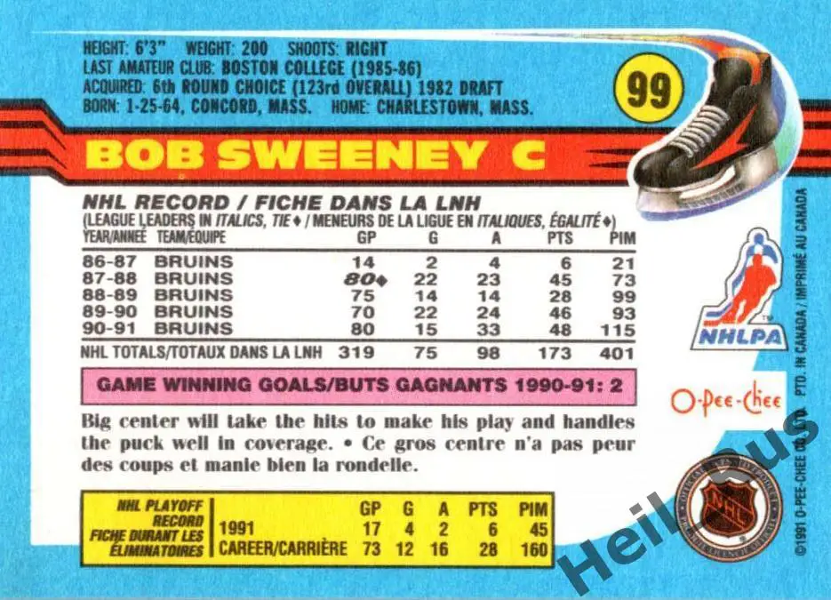 Хоккей. Карточка Bob Sweeney / Боб Суини (Boston Bruins/Бостон Брюинз) НХЛ/NHL 1