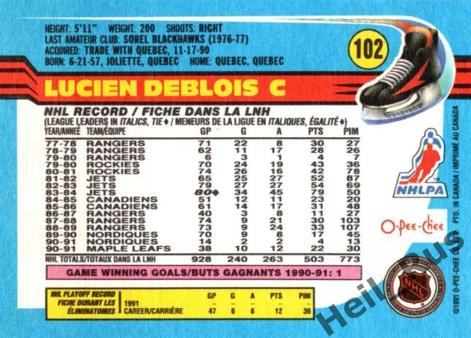 Хоккей Карточка Lucien DeBlois/Люсьен Деблуа Toronto Maple Leafs/Торонто НХЛ/NHL 1