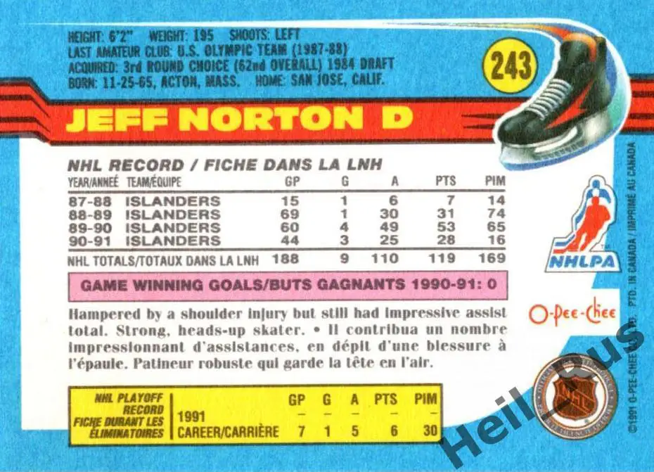 Карточка Jeff Norton/Джефф Нортон New York Islanders/Нью-Йорк Айлендерс NHL/НХЛ 1