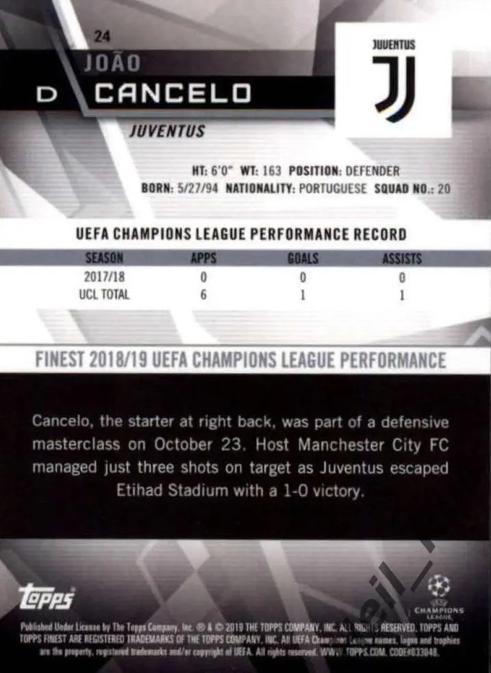 Карточка Жоау Канселу Ювентус, Манчестер Сити, Барселона Лига Чемпионов 2018/19 1