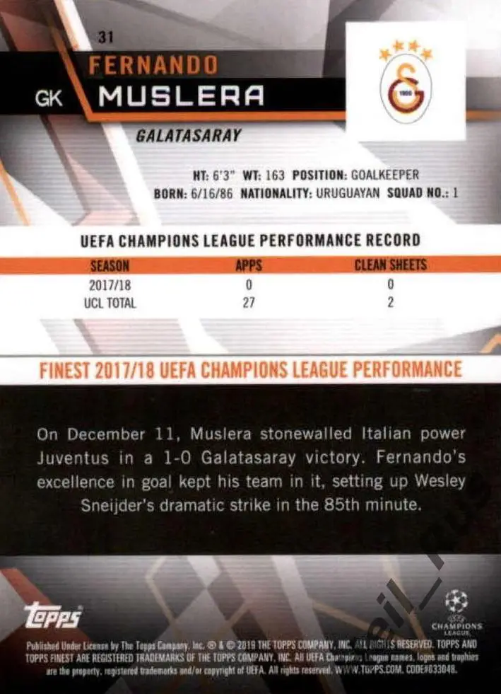 Футбол Карточка Фернандо Муслера Галатасарай, Лацио Лига Чемпионов 2018/19 TOPPS 1