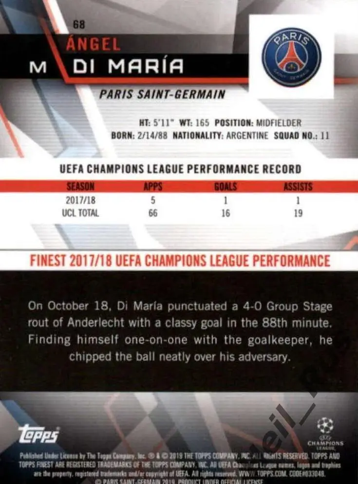 Карточка Анхель Ди Мария (Пари Сен-Жермен, Ювентус, Реал) Лига Чемпионов 2018/19 1