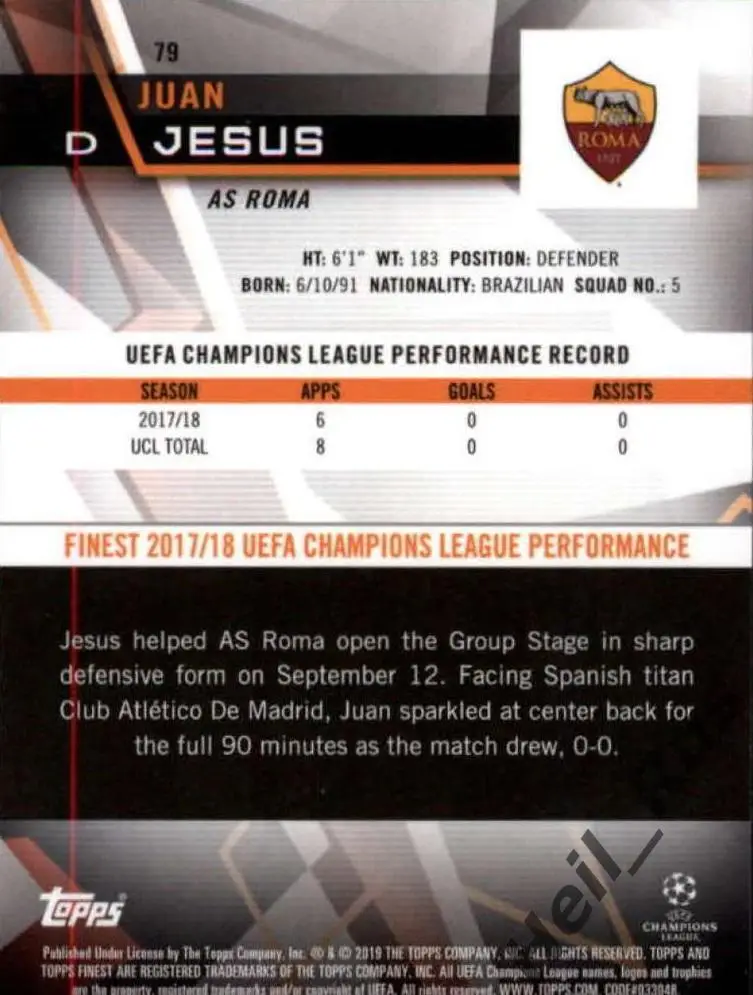 Футбол. Карточка Жуан Жезус (Рома, Интер, Наполи) Лига Чемпионов 2018/19 TOPPS 1