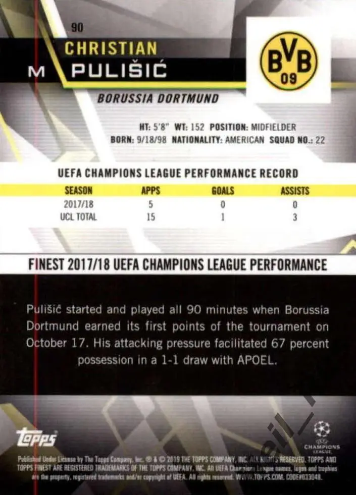 Карточка Кристиан Пулишич Боруссия Дортмунд, Челси, Милан Лига Чемпионов 2018/19 1
