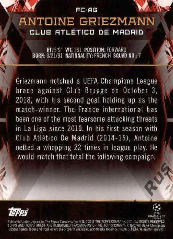 Футбол Карточка Антуан Гризманн Атлетико Мадрид/Барселона Лига Чемпионов 2018/19 1
