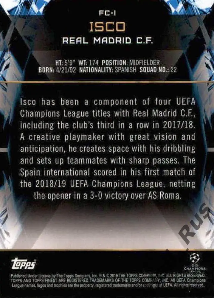 Футбол Карточка Isco/Иско (Реал Мадрид, Бетис, Валенсия) Лига Чемпионов 2018/19 1