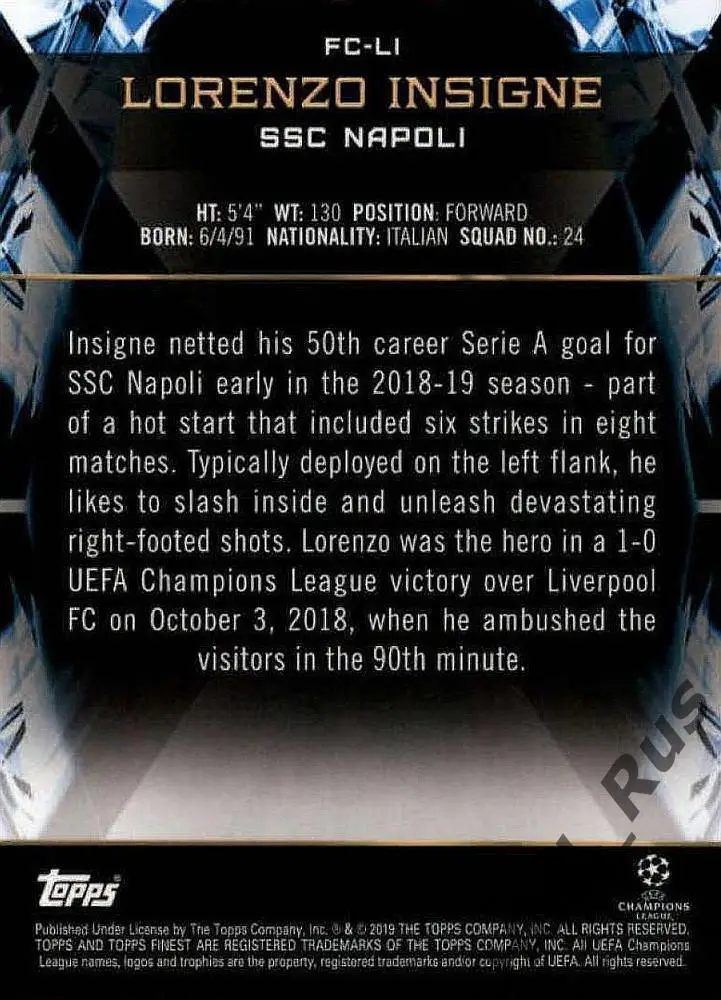 Футбол. Карточка Lorenzo Insigne/Лоренцо Инсинье (Наполи) Лига Чемпионов 2018/19 1
