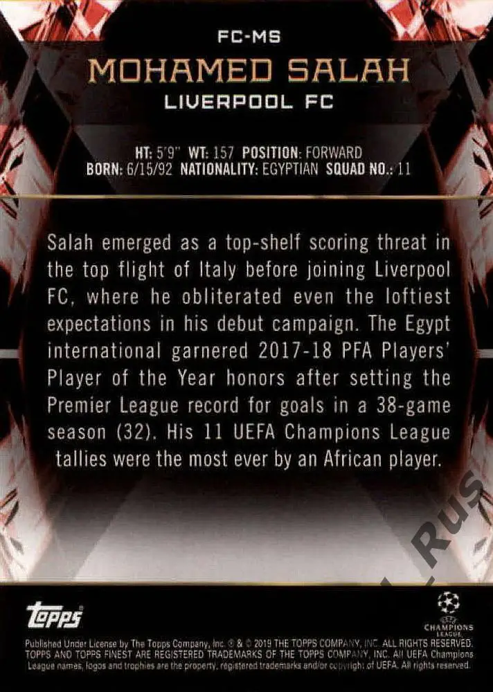 Футбол. Карточка Мохамед Салах (Ливерпуль, Челси, Рома) Лига Чемпионов 2018-19 1