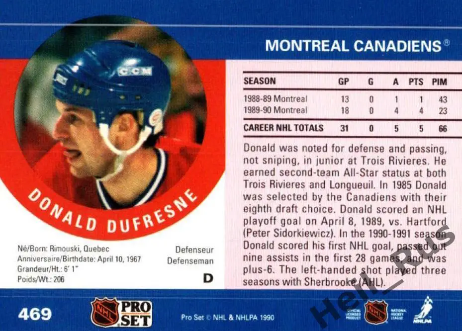 Карточка Donald Dufresne/Дональд Дюфренс (Montreal Canadiens/Монреаль) НХЛ/NHL 1