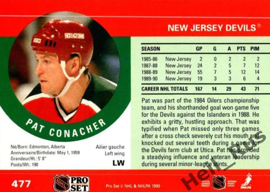 Карточка Pat Conacher/Пэт Конахер (New Jersey Devils/Нью-Джерси Девилз) НХЛ/NHL 1
