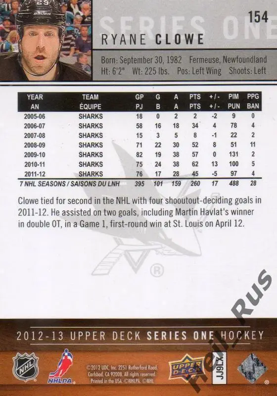 Хоккей. Карточка Ryane Clowe/Райан Клоу San Jose Sharks / Сан-Хосе Шаркс НХЛ/NHL 1