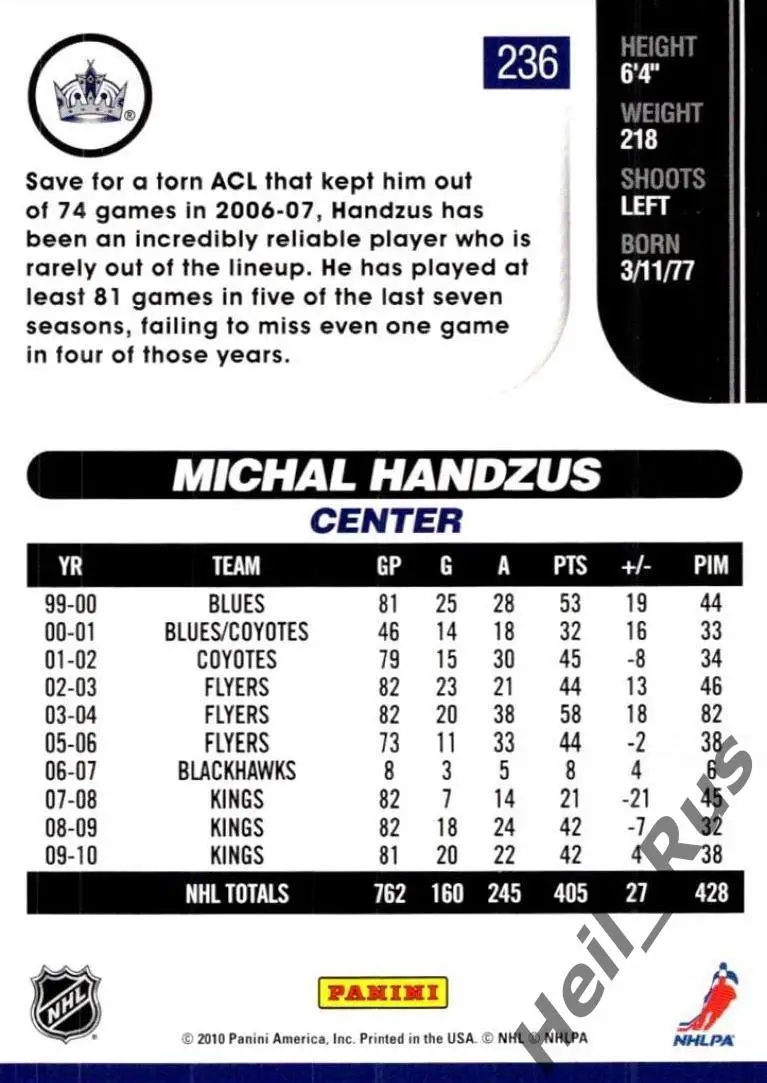 Карточка Michal Handzus/Михал Гандзуш (Los Angeles Kings/Лос-Анджелес) НХЛ/NHL 1