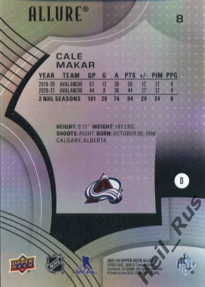 Хоккей. Карточка Cale Makar / Кейл Макар (Colorado Avalanche/Колорадо) НХЛ/NHL 1