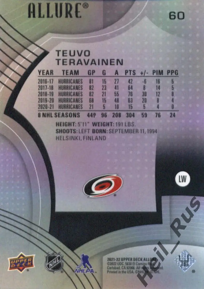 Карточка Teuvo Teravainen/Теуво Терявяйнен Carolina Hurricanes/Каролина, NHL/НХЛ 1