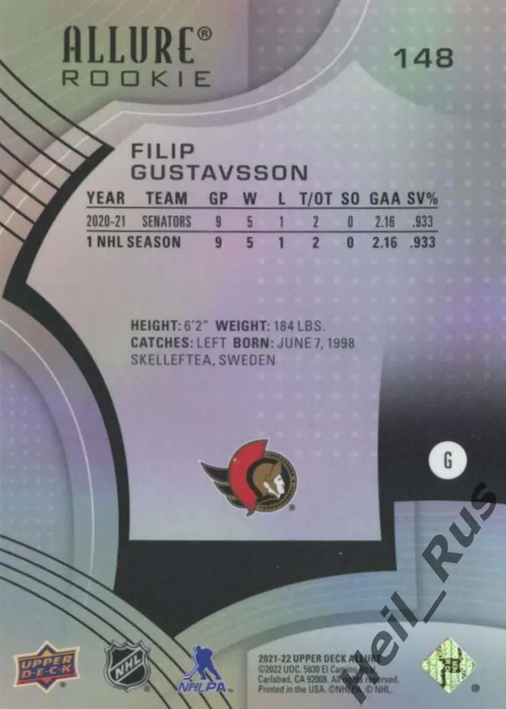 Хоккей Карточка Filip Gustavsson/Филип Густавссон Ottawa Senators/Оттава НХЛ/NHL 1