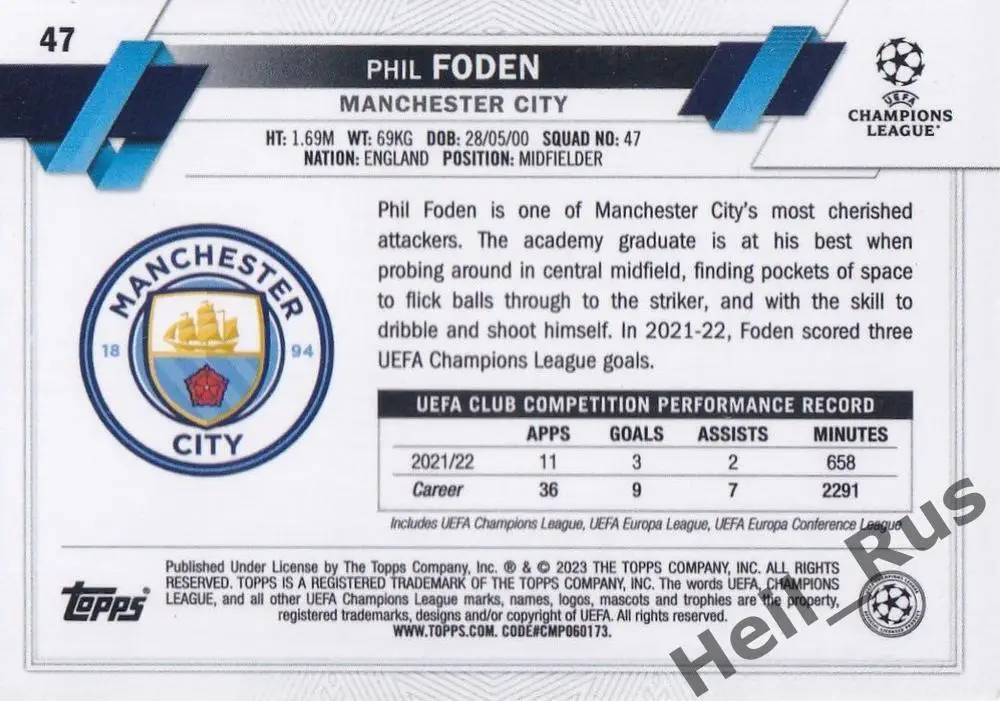 Футбол Карточка Phil Foden/Фил Фоден Манчестер Сити Лига Чемпионов 2022/23 TOPPS 1