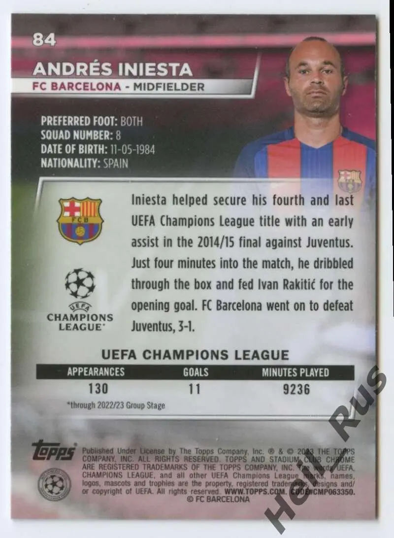 Футбол. Карточка Andres Iniesta/Андрес Иньеста Барселона Лига Чемпионов 2022-23 1