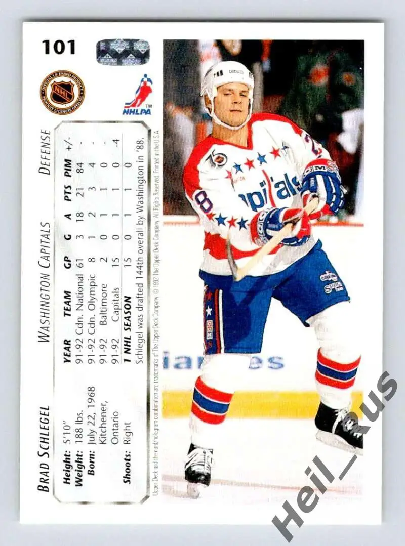 Хоккей Карточка Brad Schlegel/Брэд Шлегель Washington Capitals/Вашингтон НХЛ/NHL 1