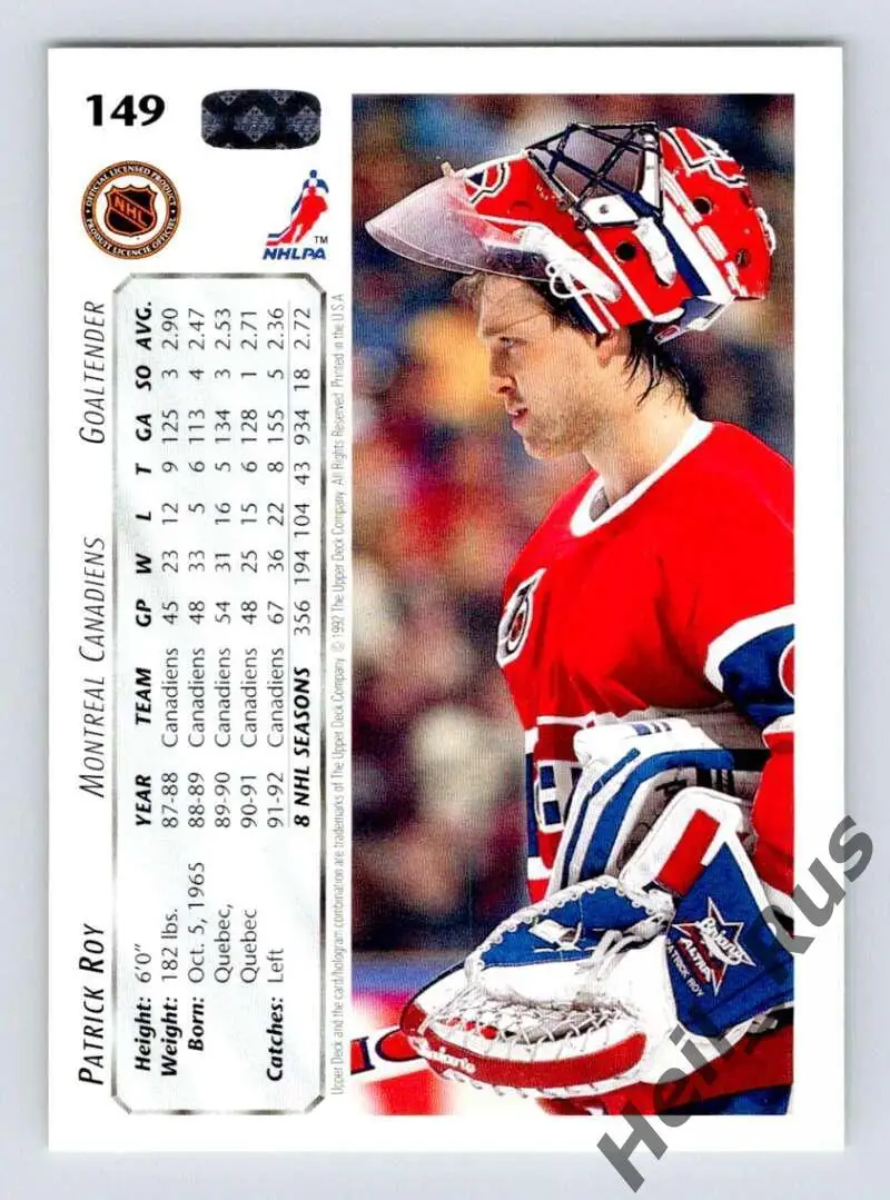 Хоккей. Карточка Patrick Roy / Патрик Руа Montreal Canadiens / Монреаль НХЛ/NHL 1