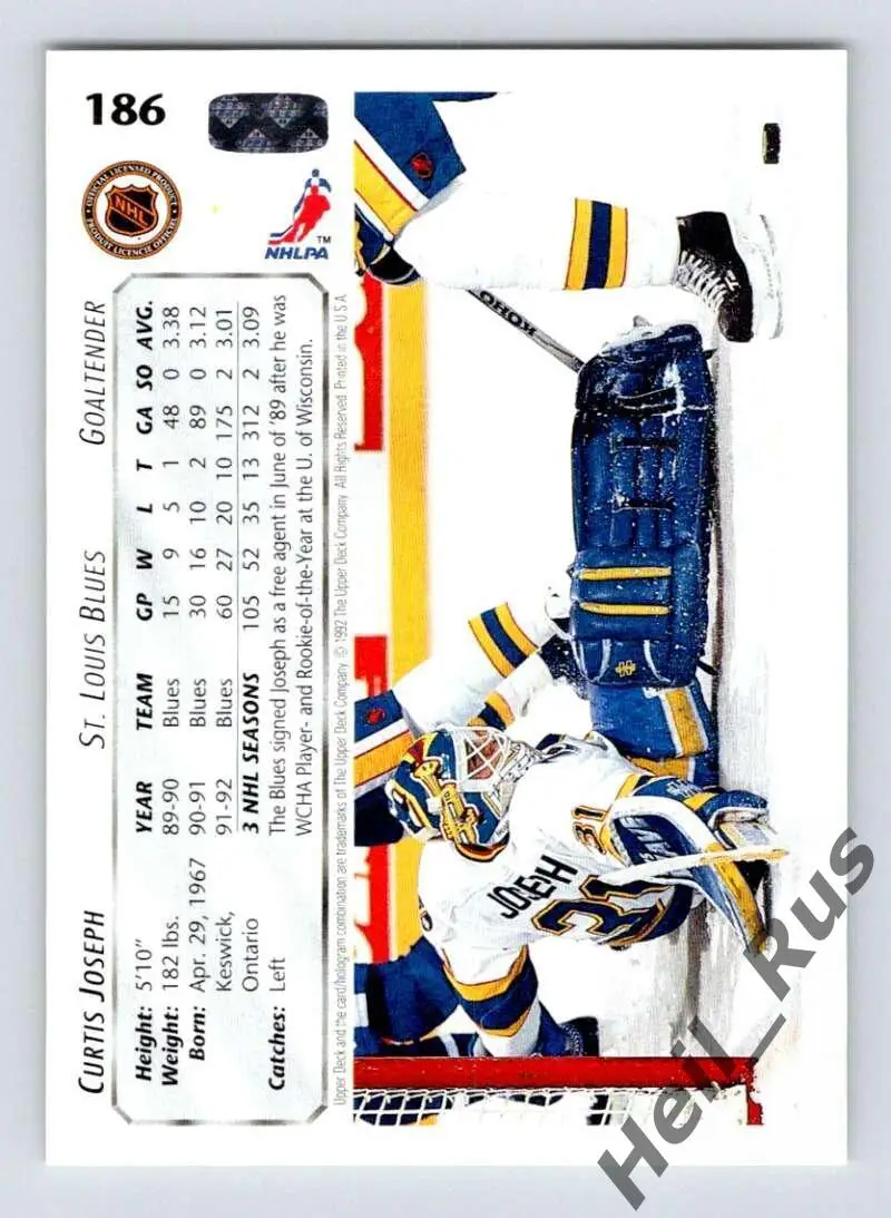 Хоккей; Карточка Curtis Joseph/Кертис Джозеф (St. Louis Blues/Сент-Луис) НХЛ/NHL 1