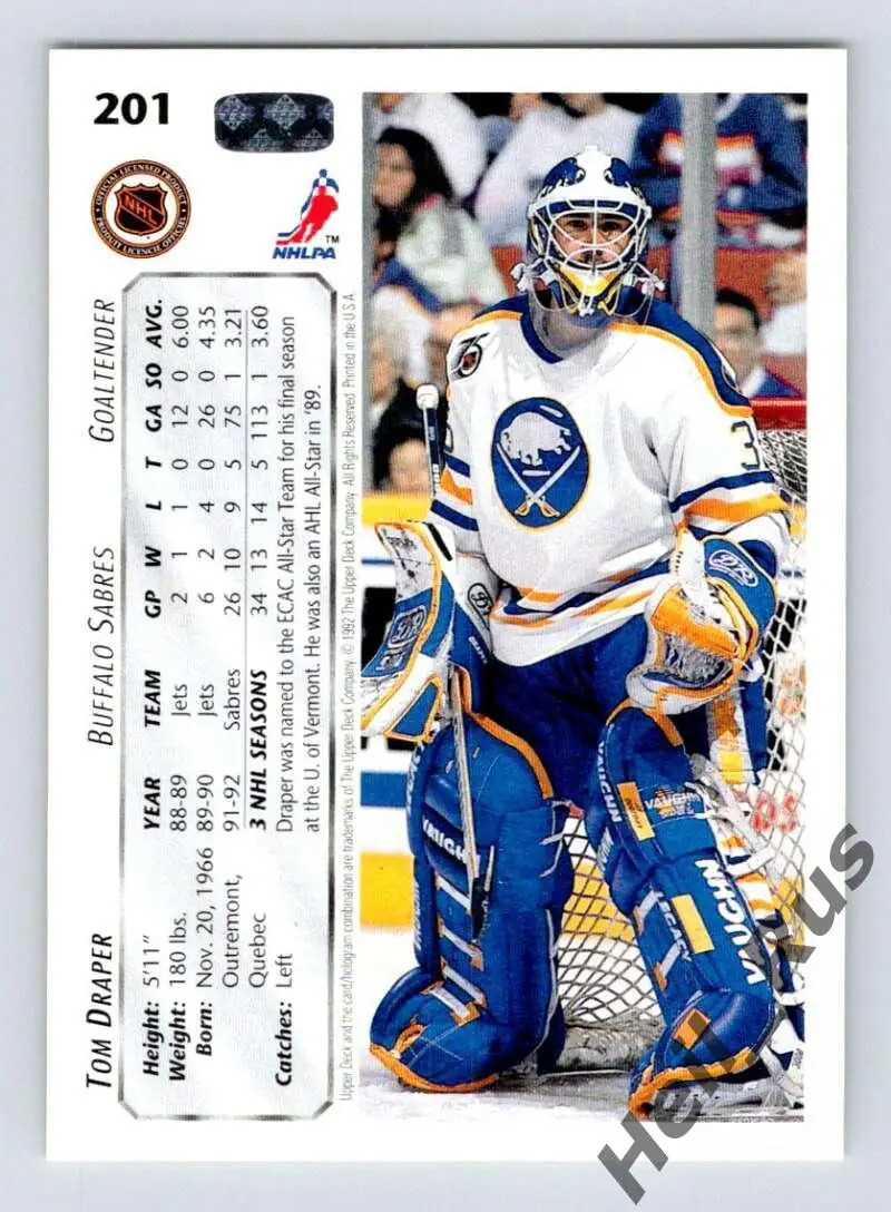 Хоккей. Карточка Tom Draper/Том Дрэйпер (Buffalo Sabres/Баффало Сейбрз) НХЛ/NHL 1
