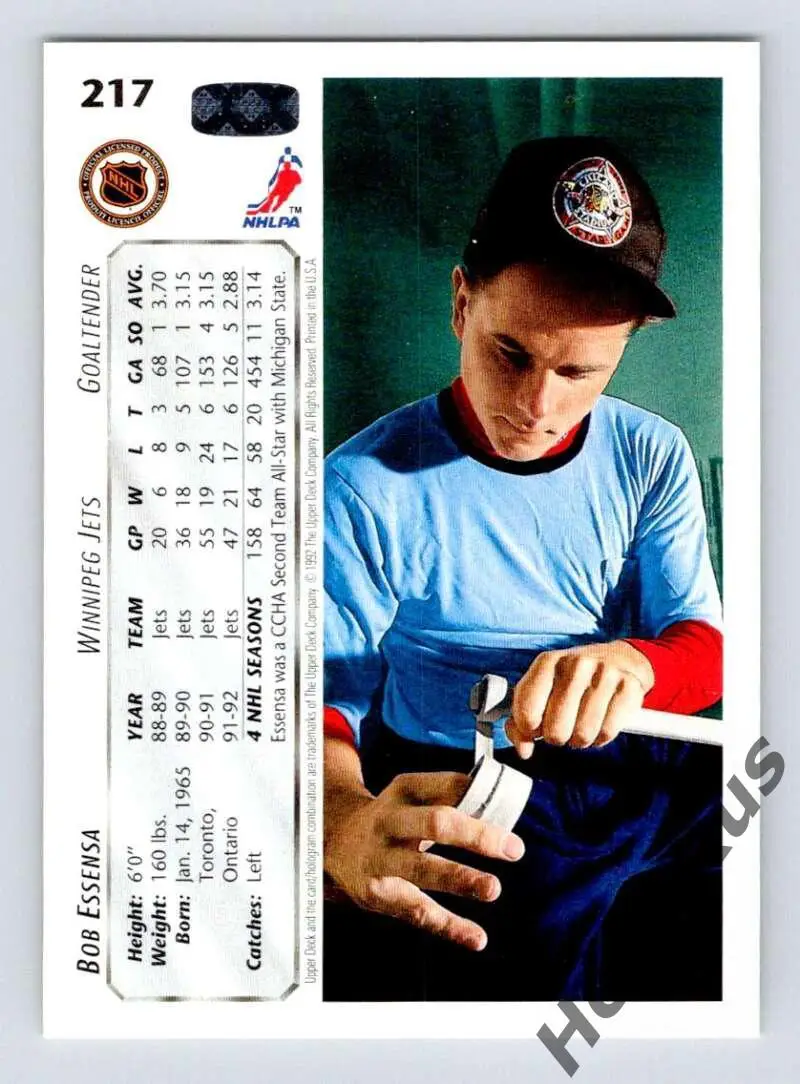 Хоккей Карточка Bob Essensa/Боб Эссенса (Winnipeg Jets/Виннипег Джетс) НХЛ/NHL 1