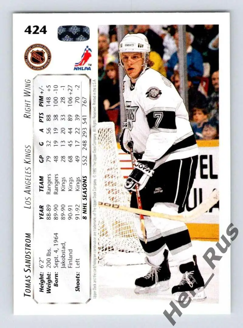 Карточка Tomas Sandstrom/Томас Сандстрем Los Angeles Kings/Лос-Анджелес НХЛ/NHL 1