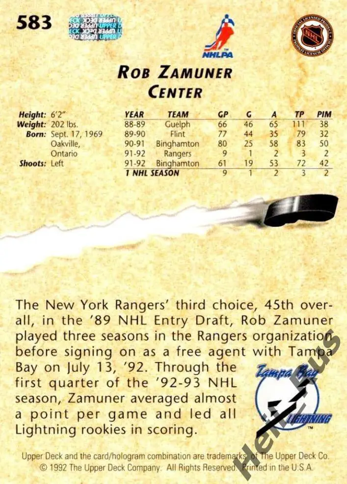 Хоккей. Карточка Rob Zamuner/Роб Замунер Tampa Bay Lightning / Тампа-Бэй НХЛ/NHL 1