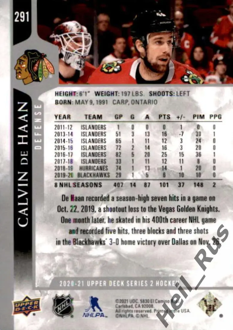 Хоккей. Карточка Calvin de Haan/Кэлвин Де Хаан Chicago Blackhawks/Чикаго НХЛ/NHL 1