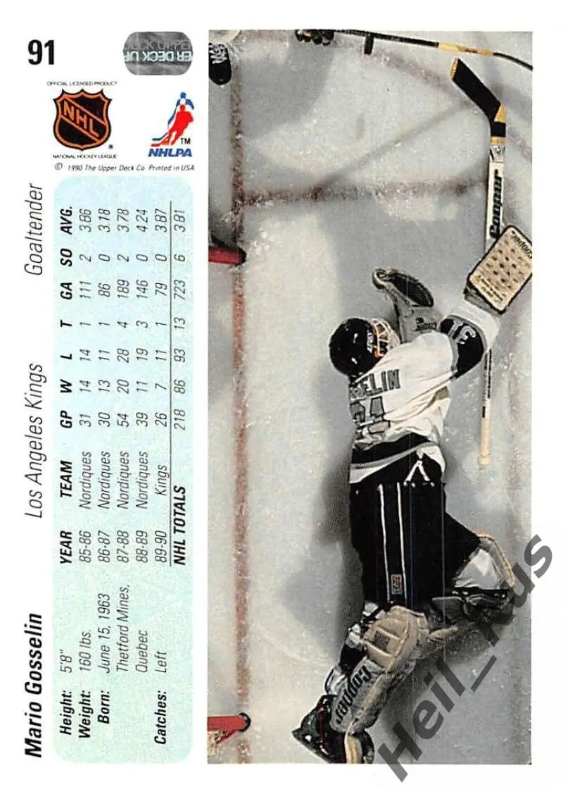 Хоккей; Карточка Mario Gosselin/Марио Госселин (Los Angeles Kings/Кингз) НХЛ/NHL 1