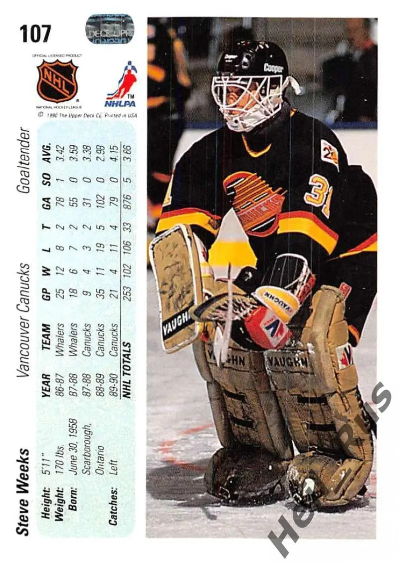 Хоккей. Карточка Steve Weeks/Стив Уикс Vancouver Canucks/Ванкувер Кэнакс НХЛ/NHL 1