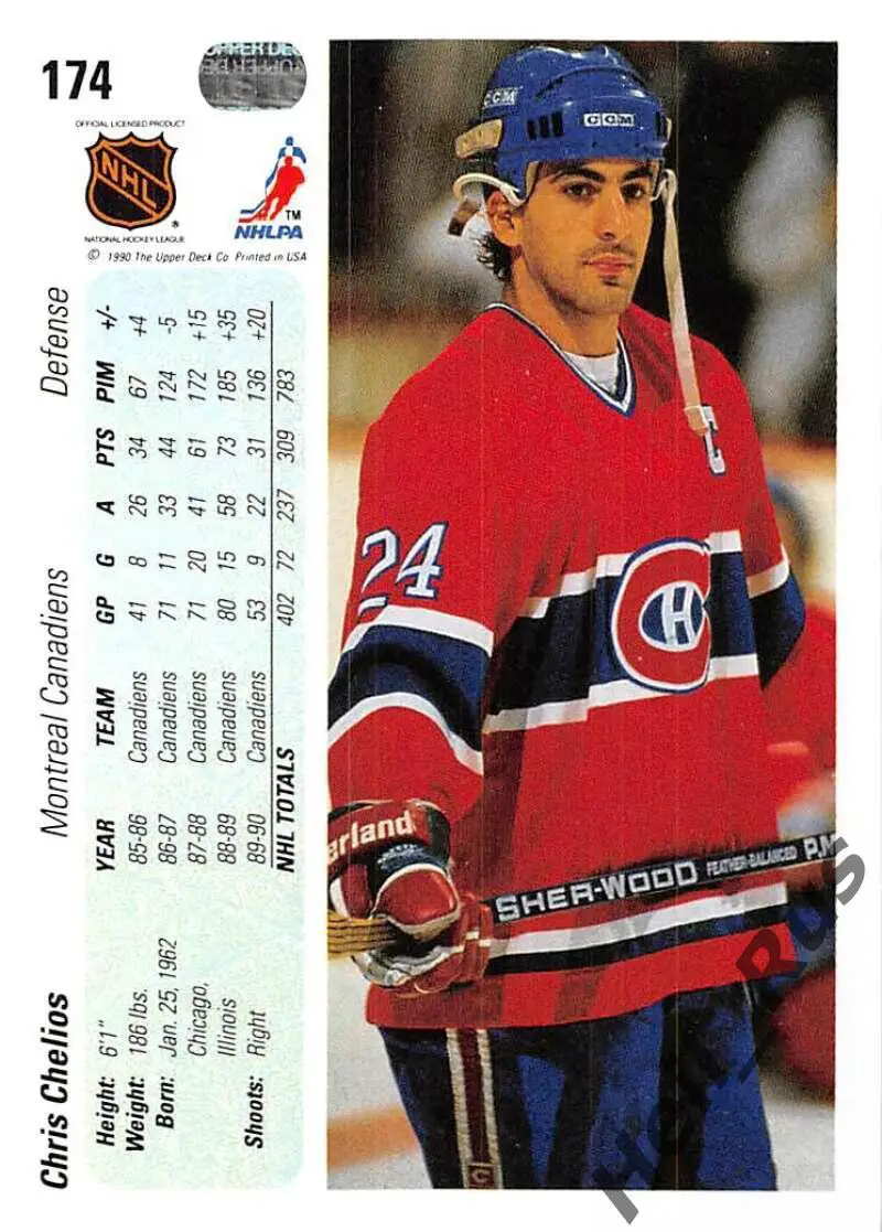 Хоккей. Карточка Chris Chelios/Крис Челиос (Montreal Canadiens/Монреаль) НХЛ/NHL 1