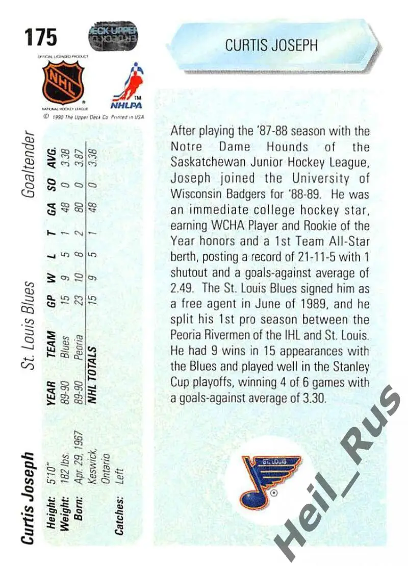 Хоккей Карточка Curtis Joseph/Кертис Джозеф (St. Louis Blues/Сент-Луис) НХЛ/NHL 1