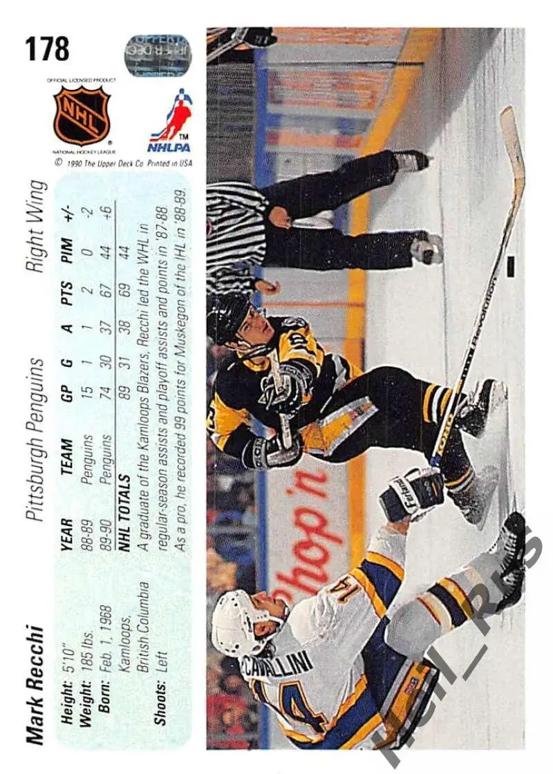 Хоккей Карточка Mark Recchi/Марк Рекки (Pittsburgh Penguins/Питтсбург) НХЛ/NHL 1
