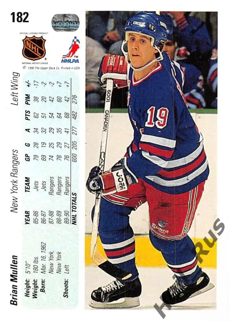 Карточка Brian Mullen/Брайан Маллен New York Rangers/Нью-Йорк Рейнджерс, НХЛ/NHL 1