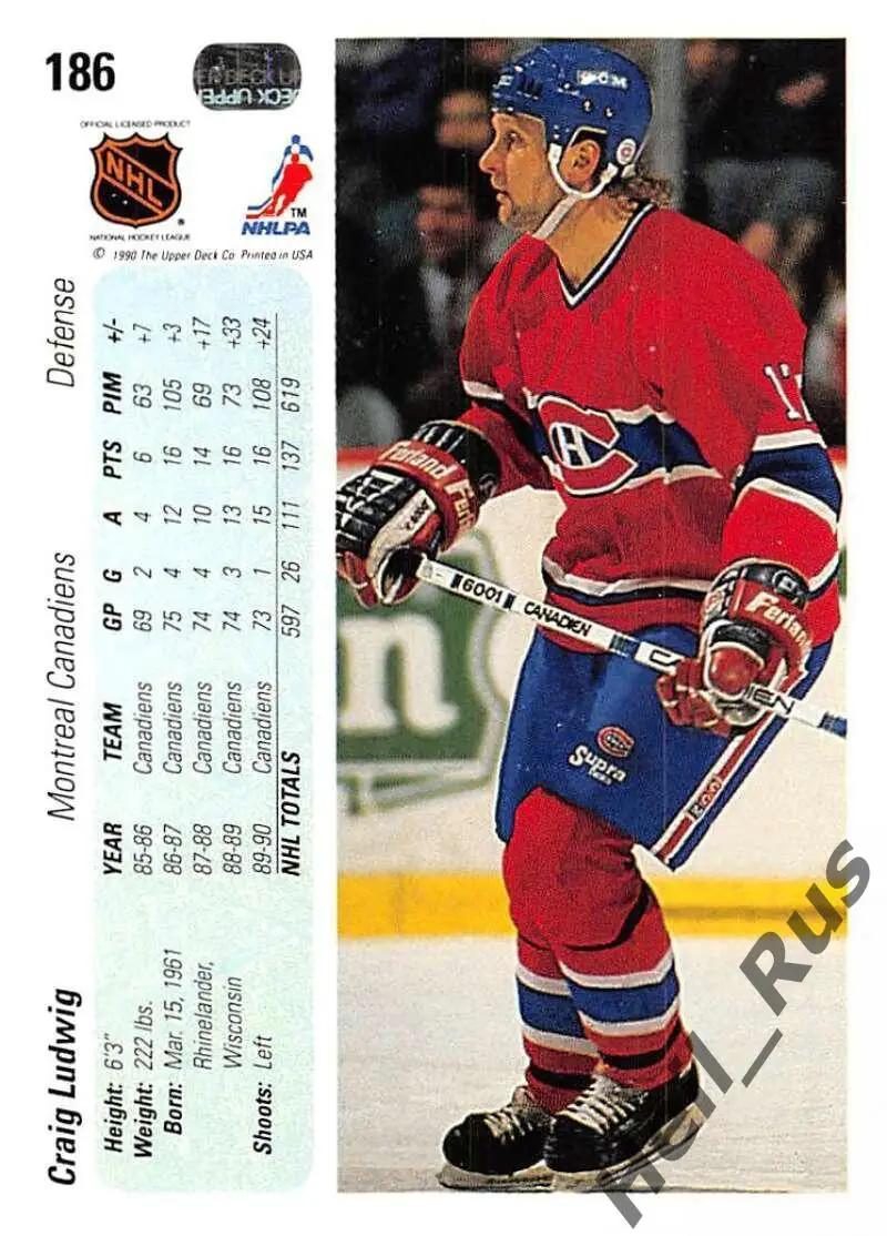 Хоккей; Карточка Craig Ludwig/Крэйг Людвиг (Montreal Canadiens/Монреаль) НХЛ/NHL 1