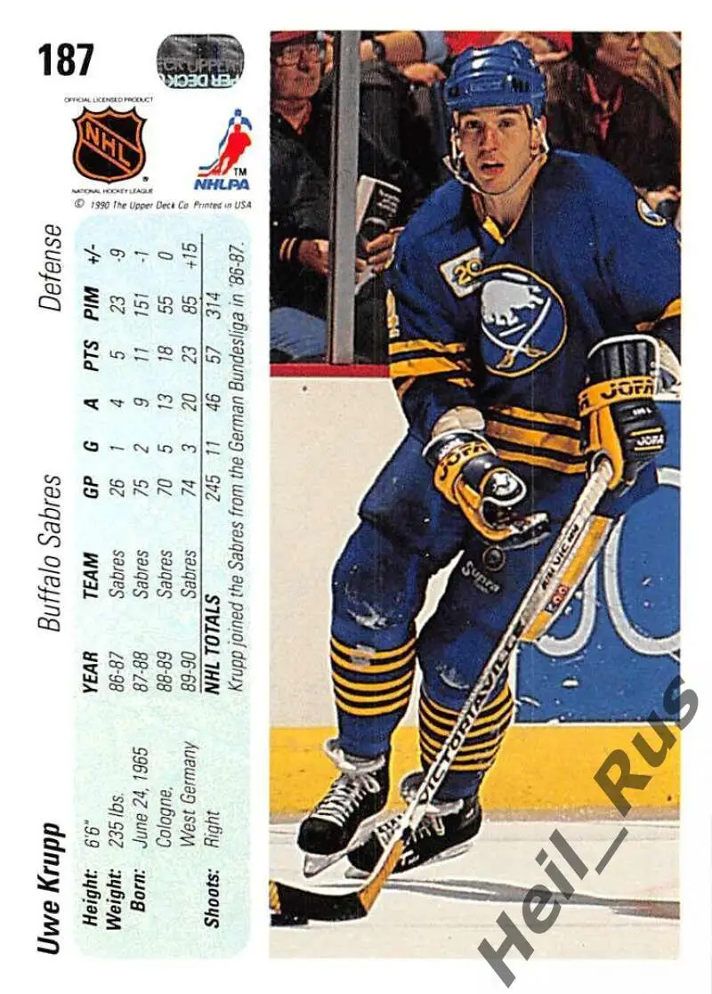 Хоккей. Карточка Uwe Krupp/Уве Крупп (Buffalo Sabres/Баффало Сейбрз) НХЛ / NHL 1