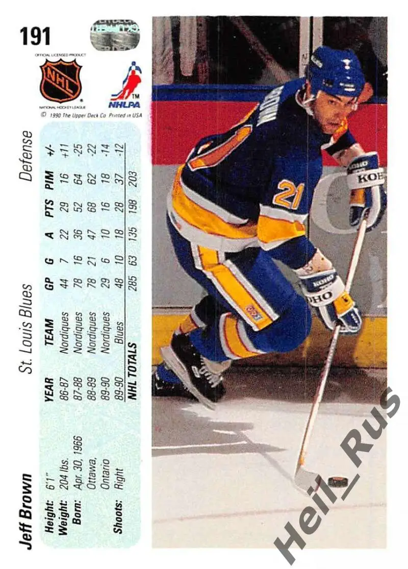 Хоккей. Карточка Jeff Brown/Джефф Браун St. Louis Blues/Сент-Луис Блюз НХЛ/NHL 1