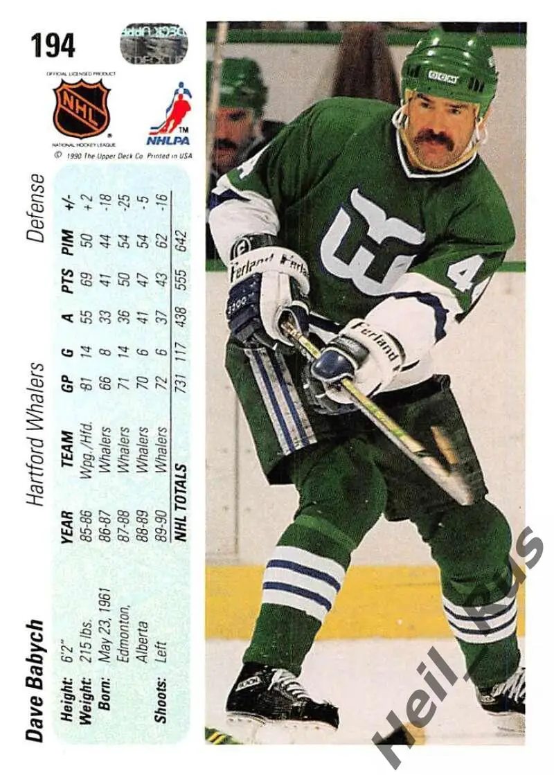 Хоккей Карточка Dave Babych/Дэйв Бабич Hartford Whalers/Хартфорд Уэйлерс НХЛ NHL 1