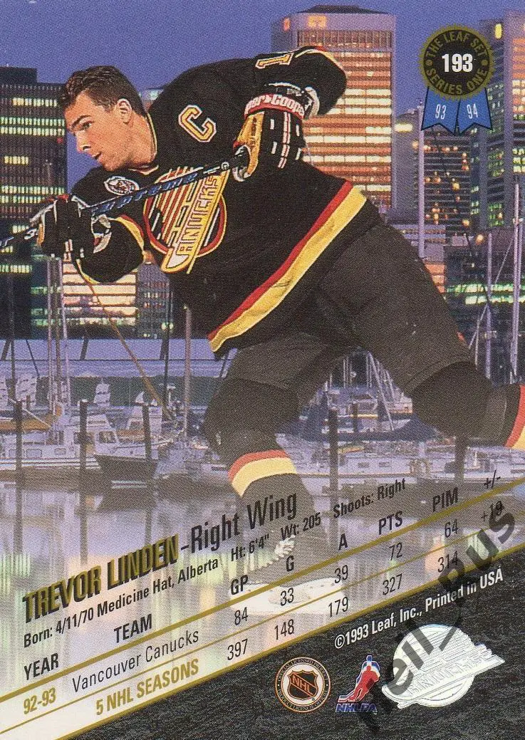Хоккей; Карточка Trevor Linden/Тревор Линден Vancouver Canucks/Ванкувер, НХЛ/NHL 1