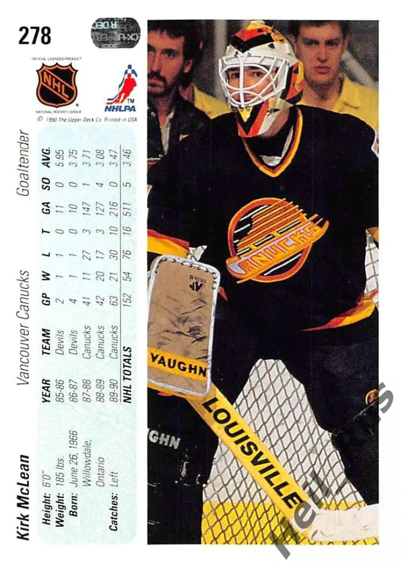 Хоккей. Карточка Kirk McLean/Кирк Маклин (Vancouver Canucks/Ванкувер) НХЛ / NHL 1