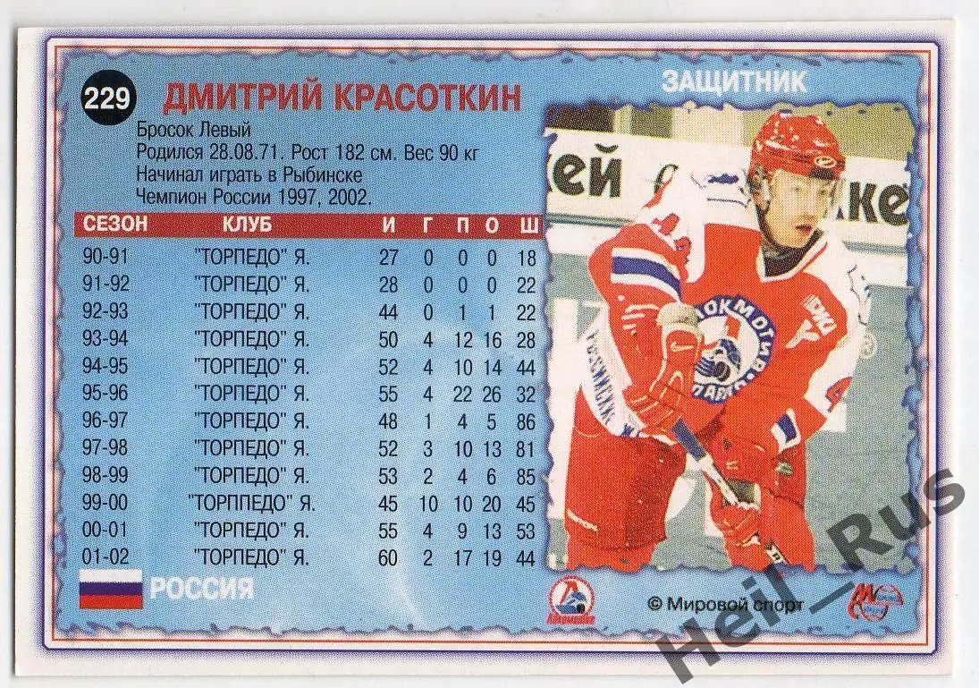 Хоккей Карточка Дмитрий Красоткин Локомотив Ярославль Чемпионат России 2002-2003 1