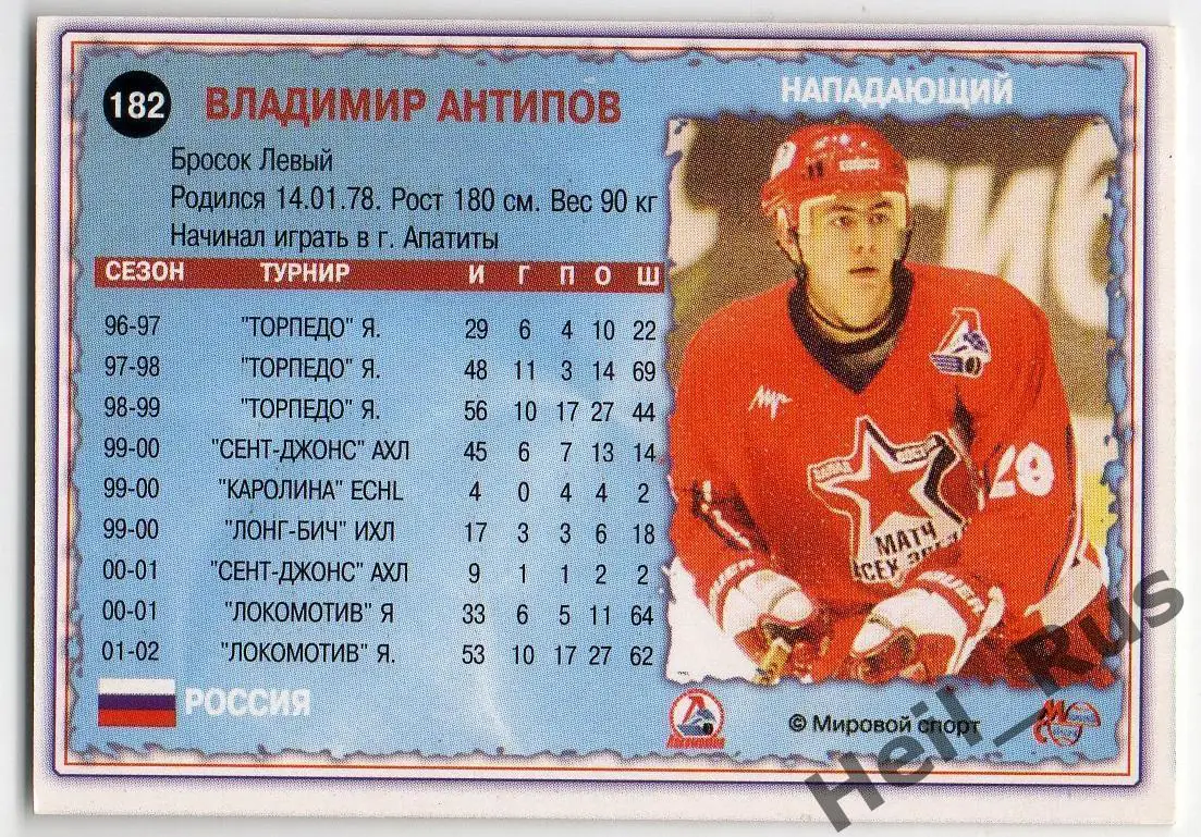 Хоккей. Карточка Владимир Антипов Локомотив Ярославль Чемпионат России 2002-2003 1