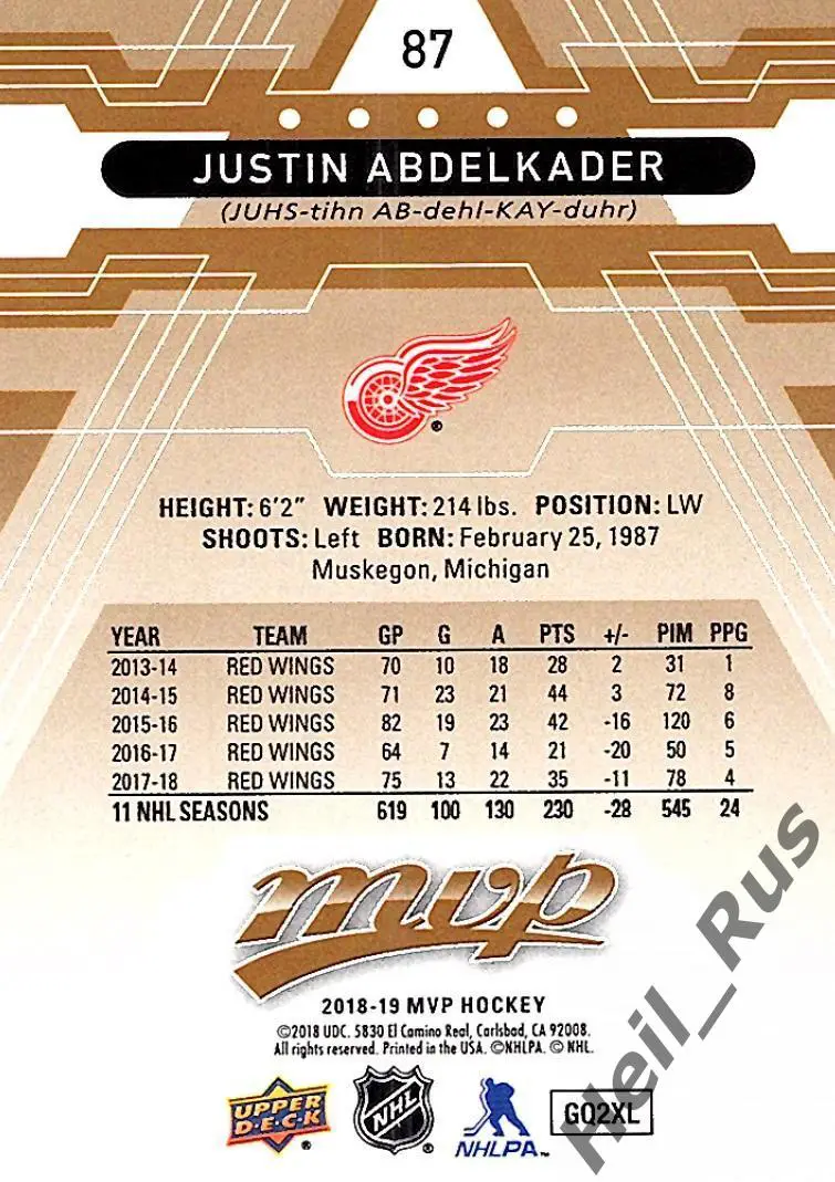 Карточка Justin Abdelkader/Джастин Абделькадер Detroit Red Wings/Детройт НХЛ/NHL 1