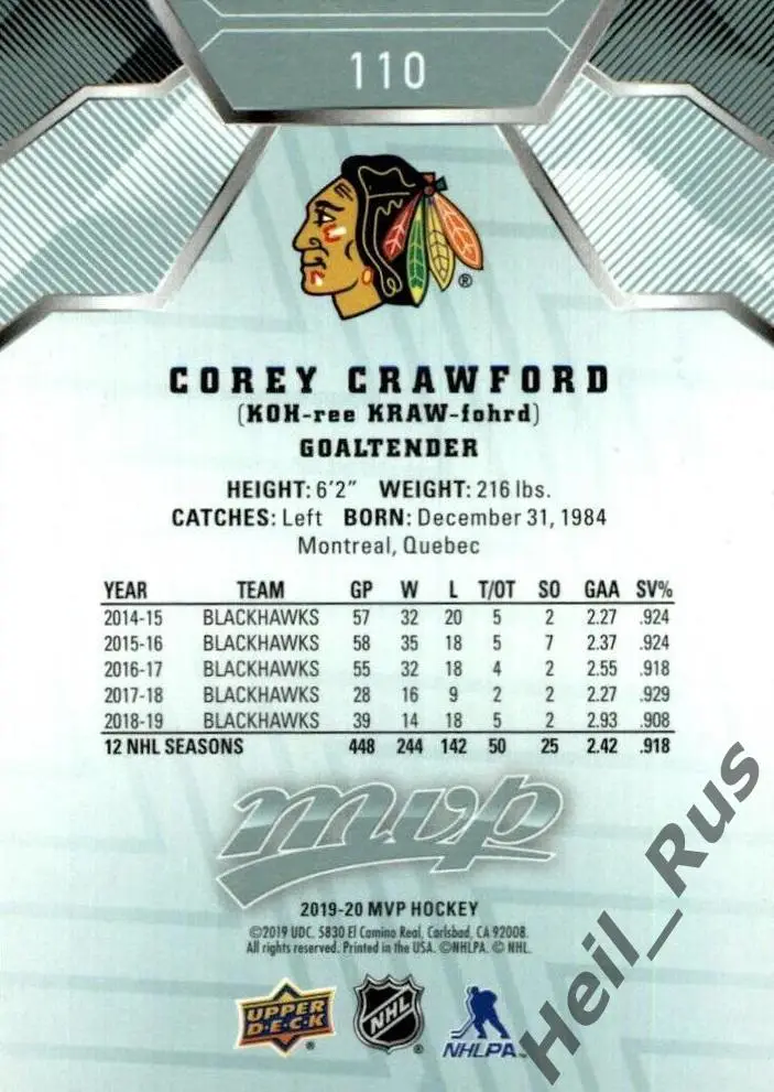 Хоккей Карточка Corey Crawford/Кори Кроуфорд Chicago Blackhawks/Чикаго НХЛ / NHL 1