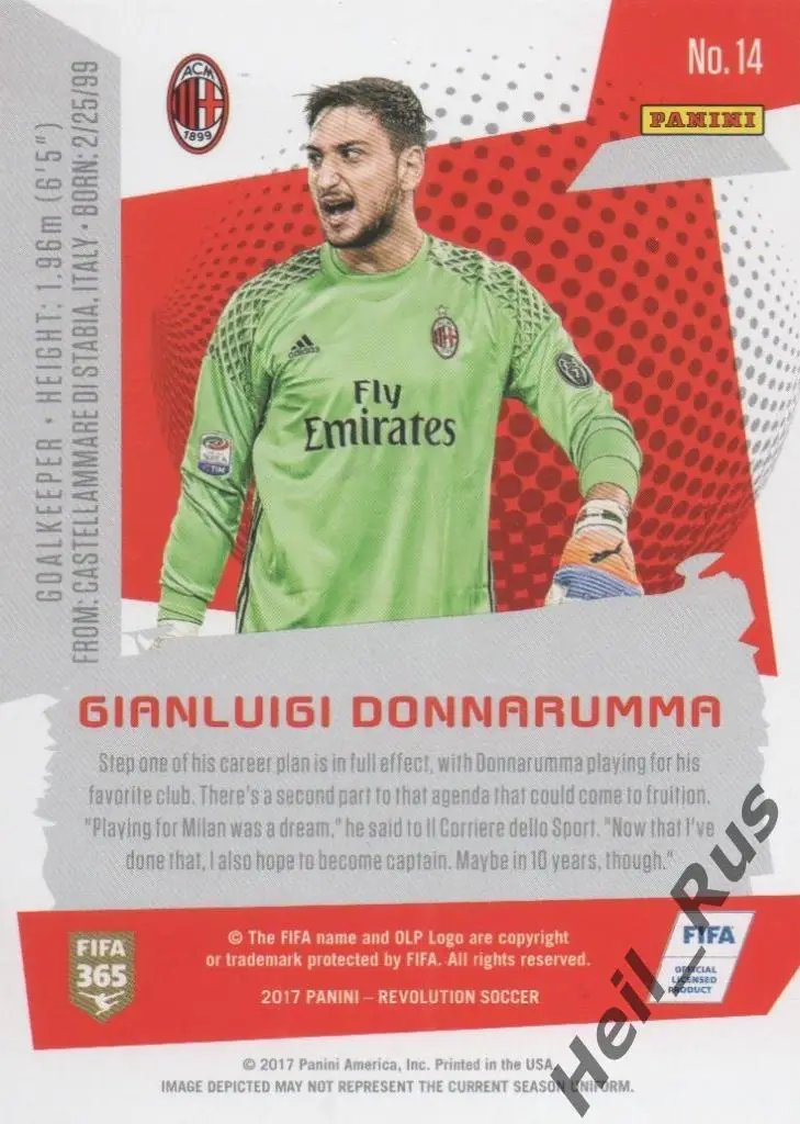 Футбол; Карточка Gianluigi Donnarumma/Джанлуиджи Доннарумма (Милан, ПСЖ) Panini 1