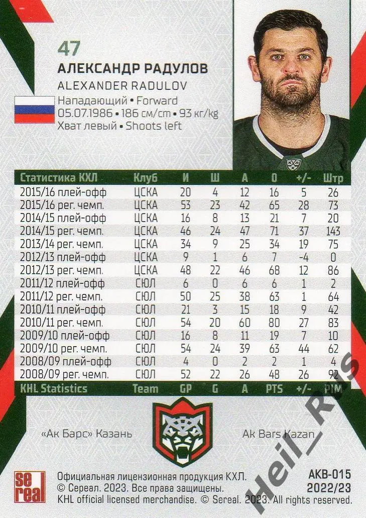 Хоккей. Карточка Александр Радулов (Ак Барс Казань) КХЛ/KHL сезон 2022/23 SeReal 1