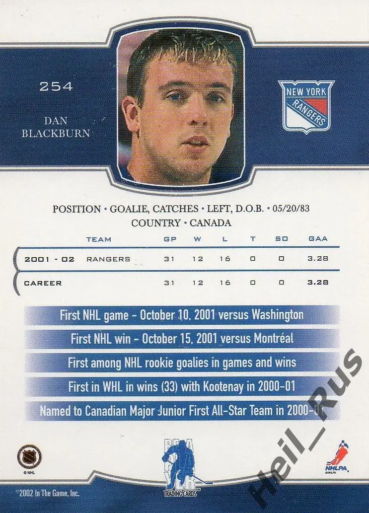Карточка Dan Blackburn/Дэн Блэкберн New York Rangers/Нью-Йорк Рейнджерс НХЛ/NHL 1