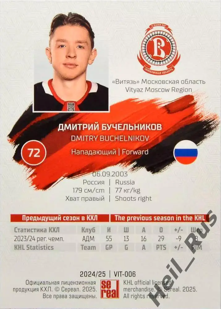 Хоккей Карточка Дмитрий Бучельников Витязь Московская область КХЛ 2024/25 SeReal 1